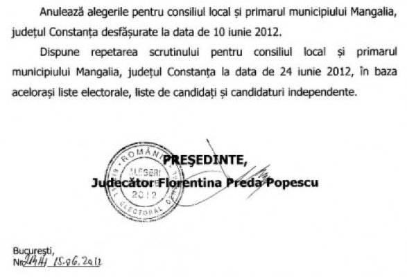 Iată motivarea Biroului Electoral pentru reluarea alegerilor la Mangalia - vezi document